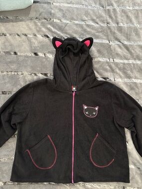 Emily Strange Vintage Black Cat-Ear Zip Hoodie with Pink Accents XXL